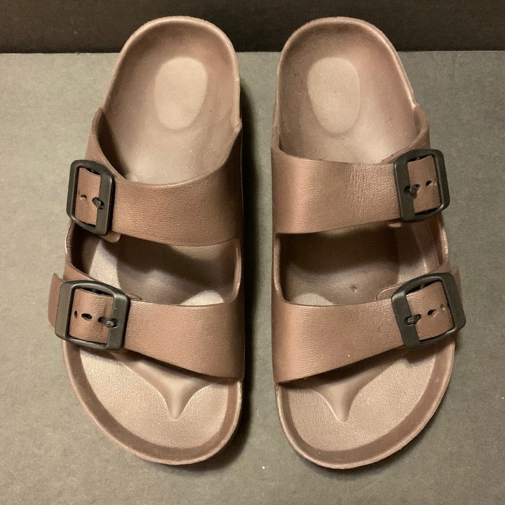 Brown Lightweight Comfort Soft Slides EVA Adjustable Double Buckle Flat Sandal